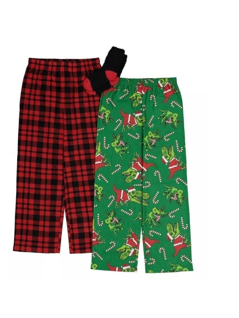 Boys Christmas Pajamas Dinosaur 10/12 T-Rex Green Red Lounge Pants & Socks 3 Pc